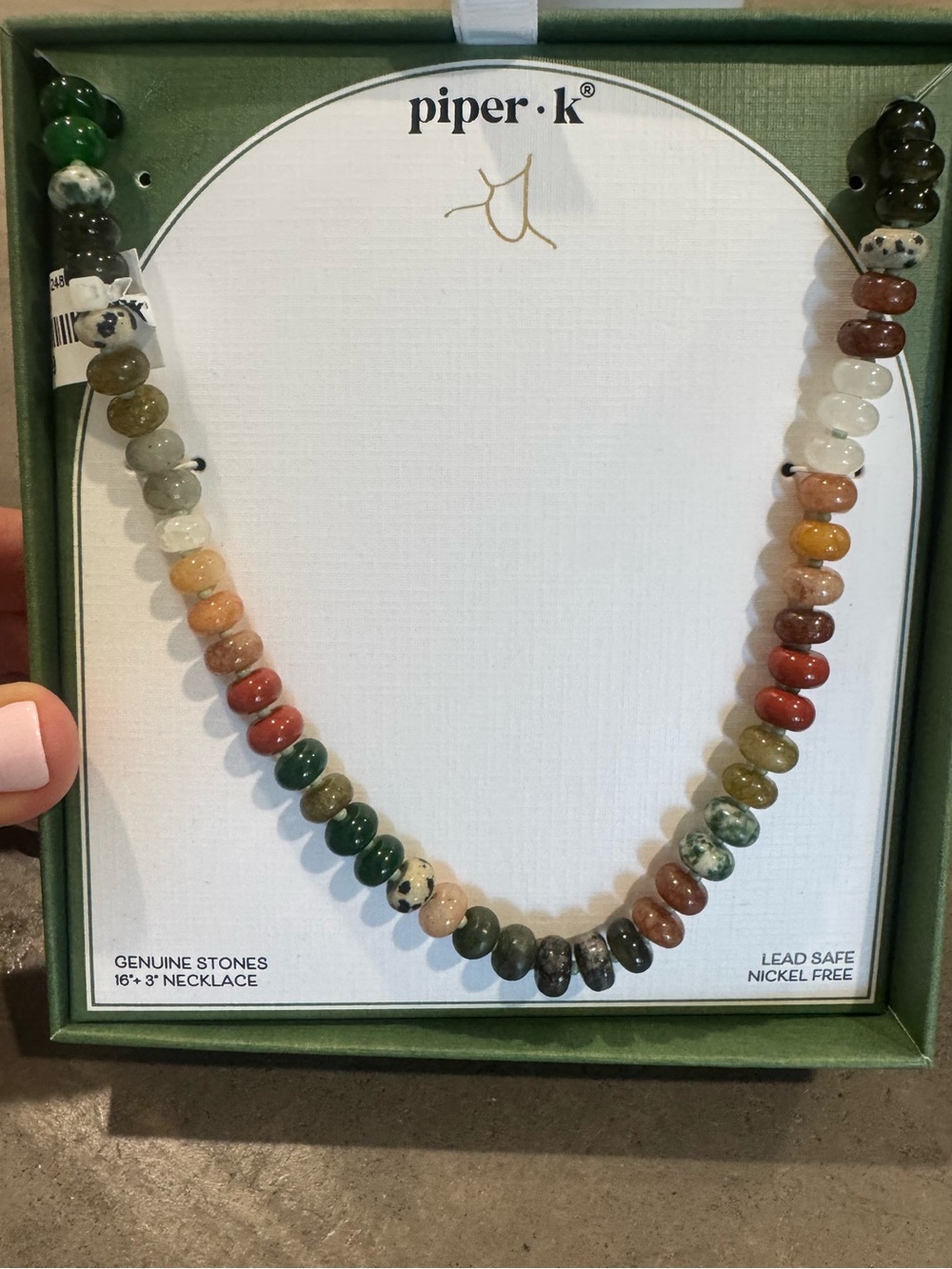 Piper K Polished Stone Bead Necklace-Green,RedCream,Brown- Beautiful for fall